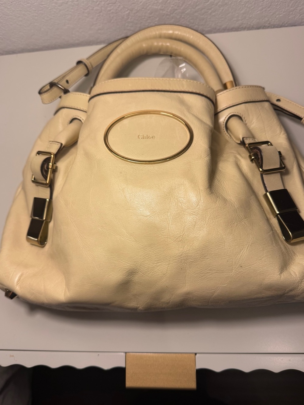 Authentic Chloé Cream Leather Satchel with Gold-Tone Accents